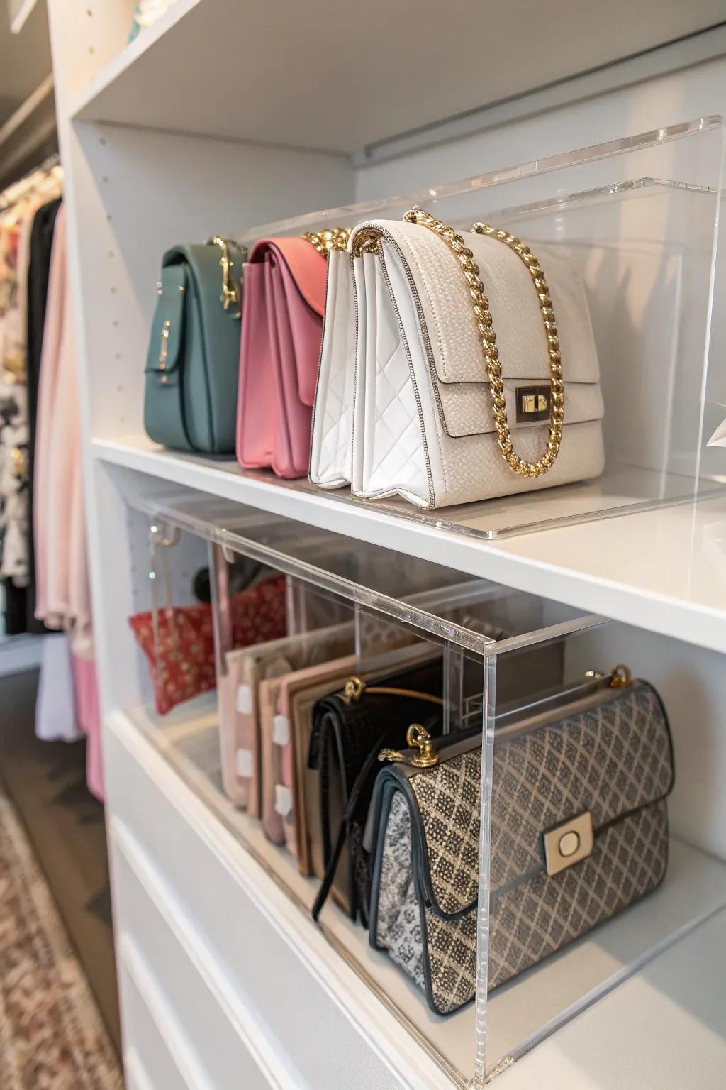 Handbags neatly arranged with see-through plastic separators for a tidy, minimalist aesthetic.