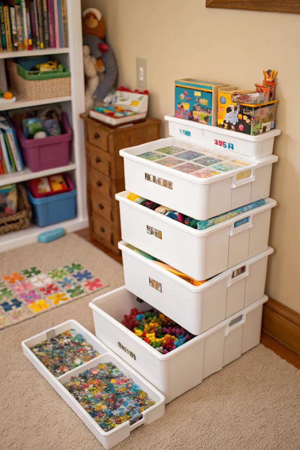 Stackable storage boxes filled with puzzles.