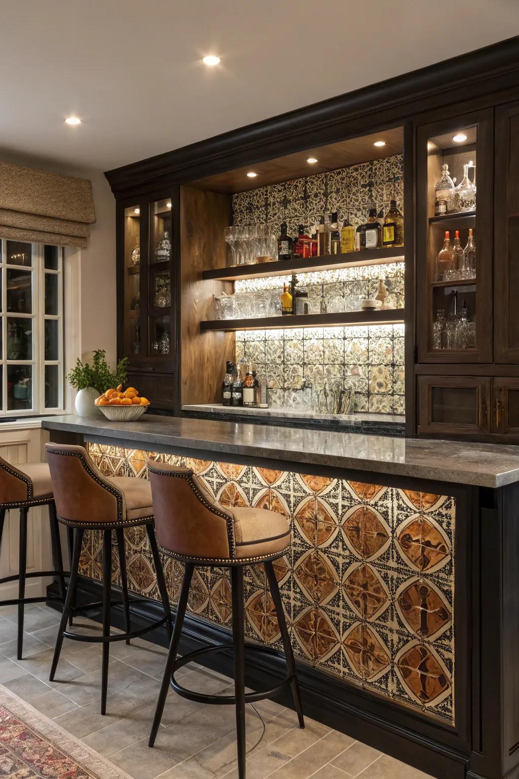 A striking backdrop contributes drama and personality to your bar.