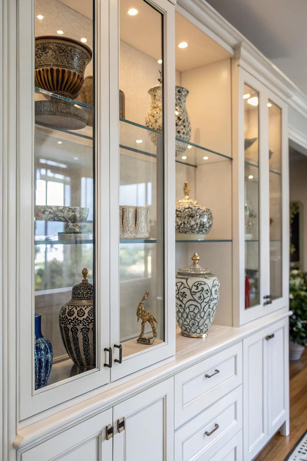 Decorative pieces lending allure to the glass cabinets.