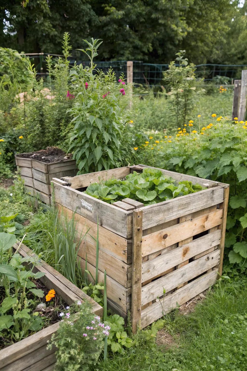 A rustic do-it-yourself compost container made out of old boards blends seamlessly into the garden setting.