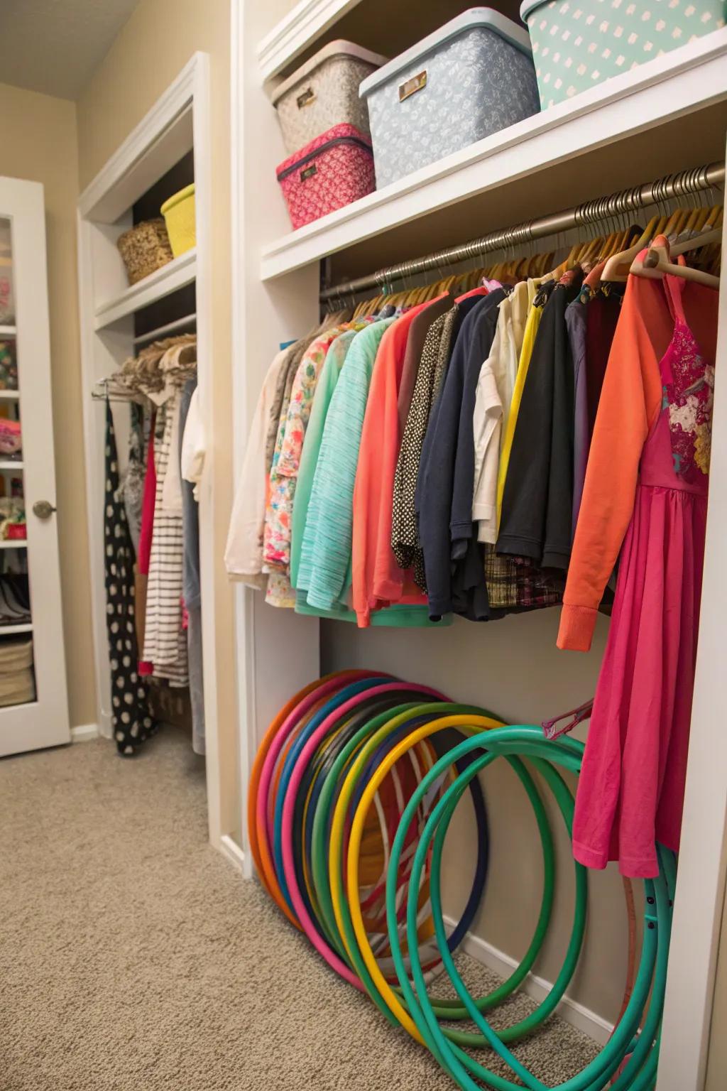 Creative circles neatly put away in a closet, making the most of space and keeping things neat.