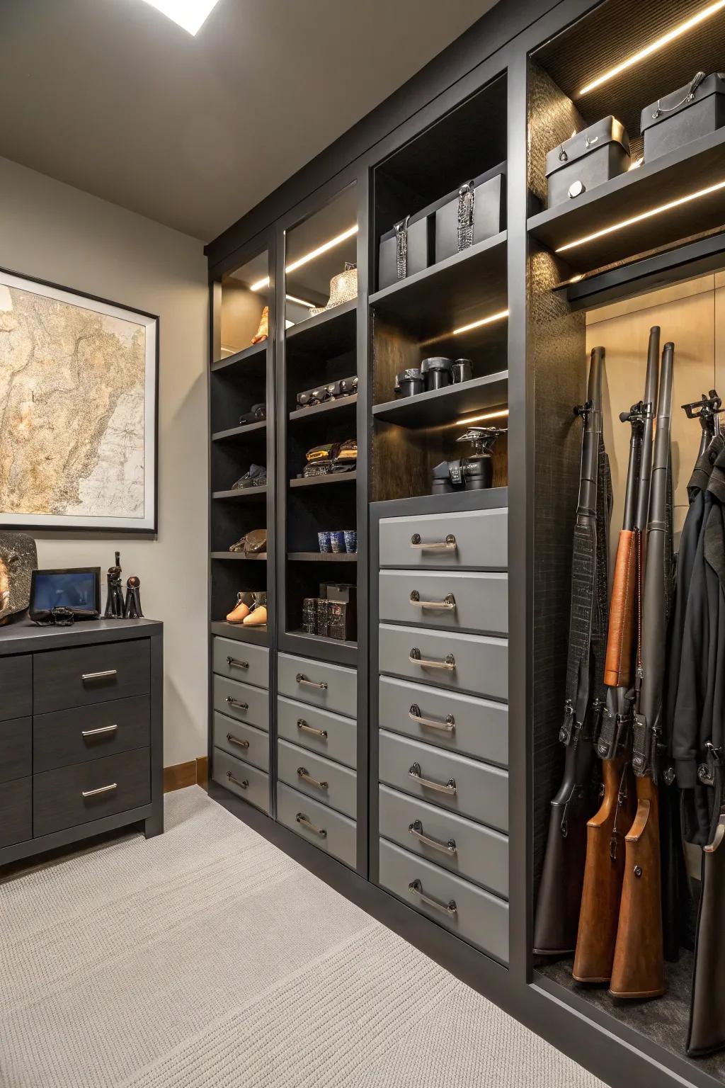 Cabinets and drawers ensure secure and organized gear storage.