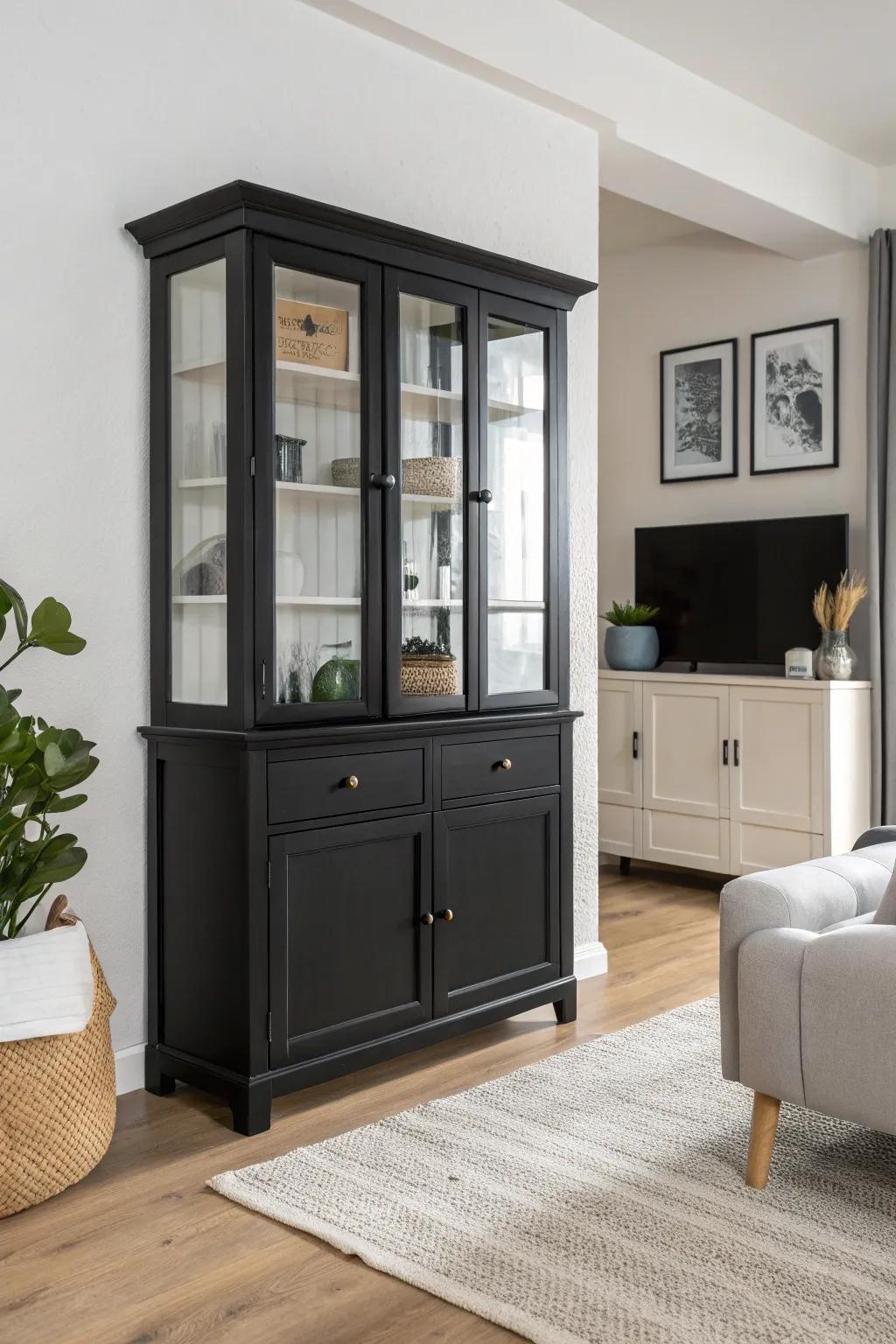 A minimalist hutch provides a streamlined and contemporary visual.