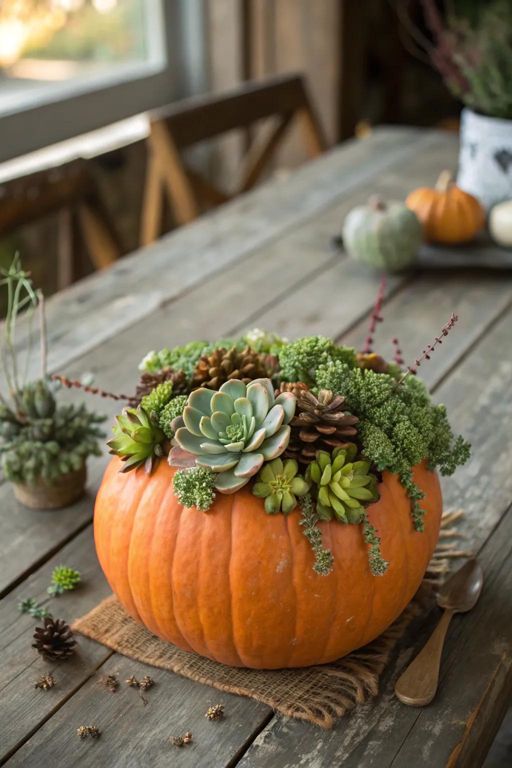 A pumpkin topped with succulents for a fresh and natural display.