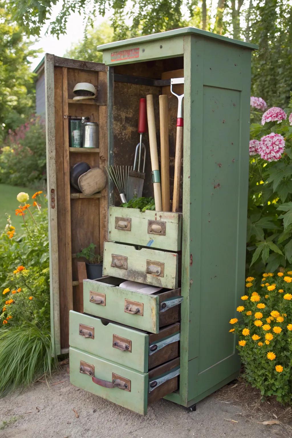 Old furniture finds new purpose as useful garden tool storage.