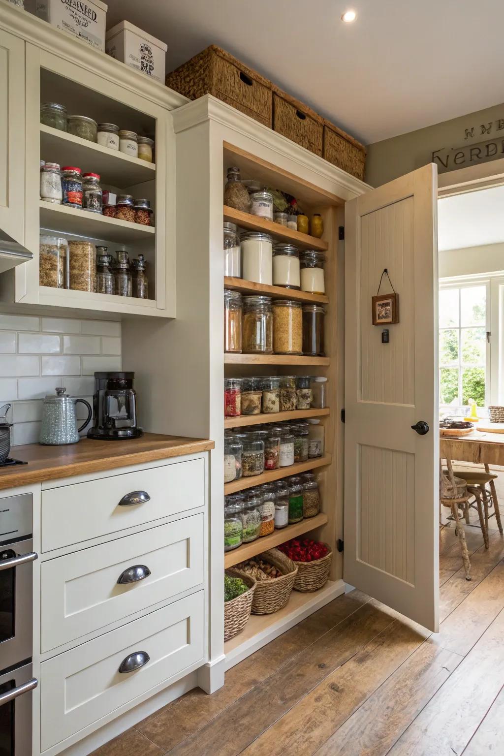 Built-in pantry shelves keep your kitchen must-haves neatly organized.