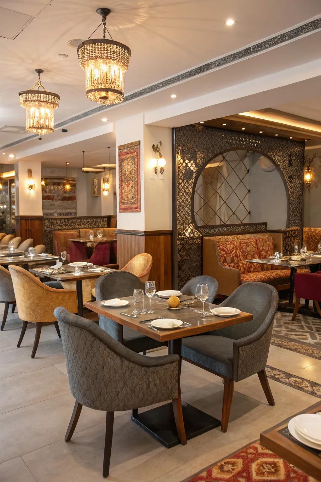 A mix of modern and traditional furniture styles in an Indian restaurant.