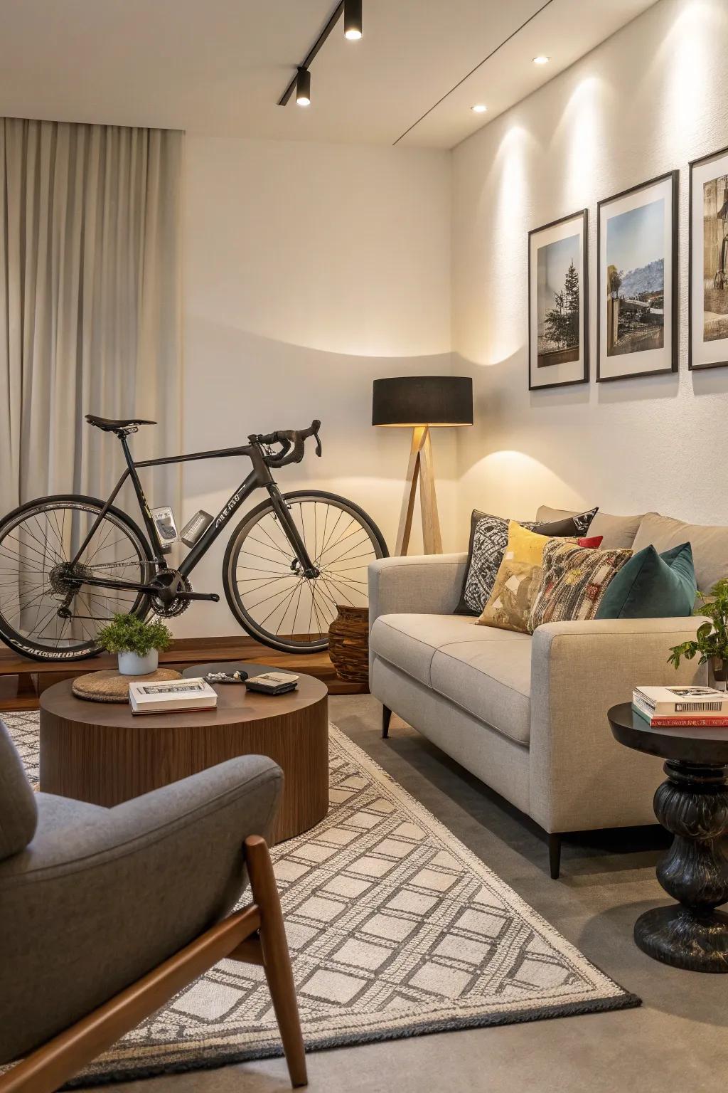 A bicycle is smoothly integrated into the room's decor.