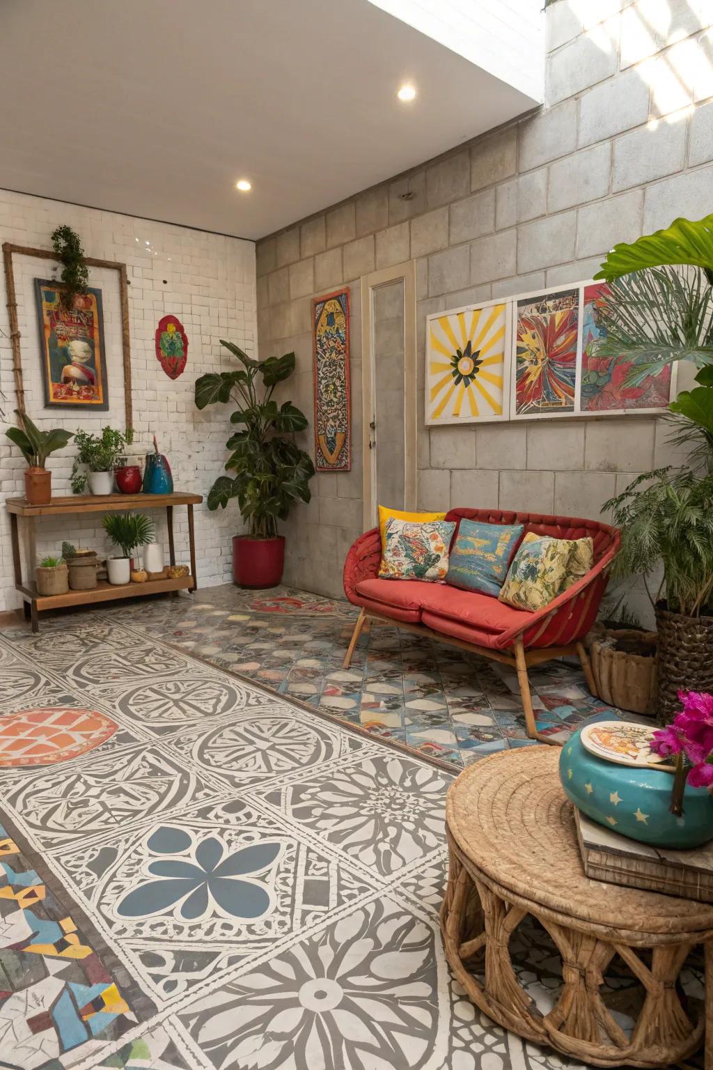 Patterned concrete tiles enhance texture and character.