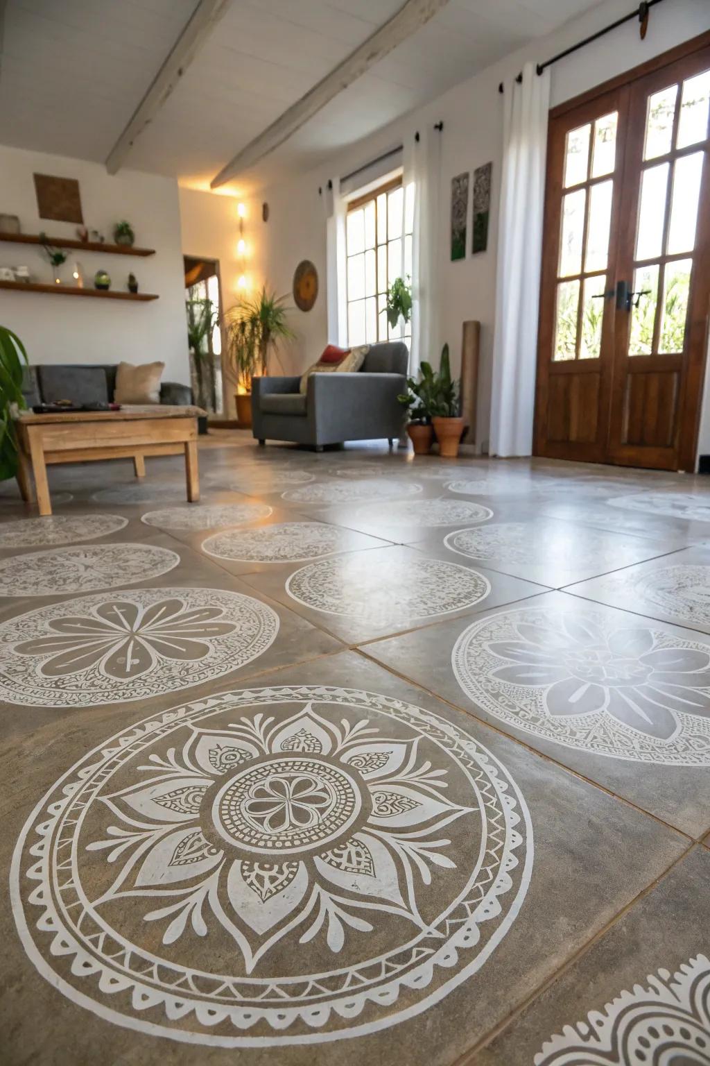 Intricate stenciled patterns on a concrete floor add character and detail to this living room.