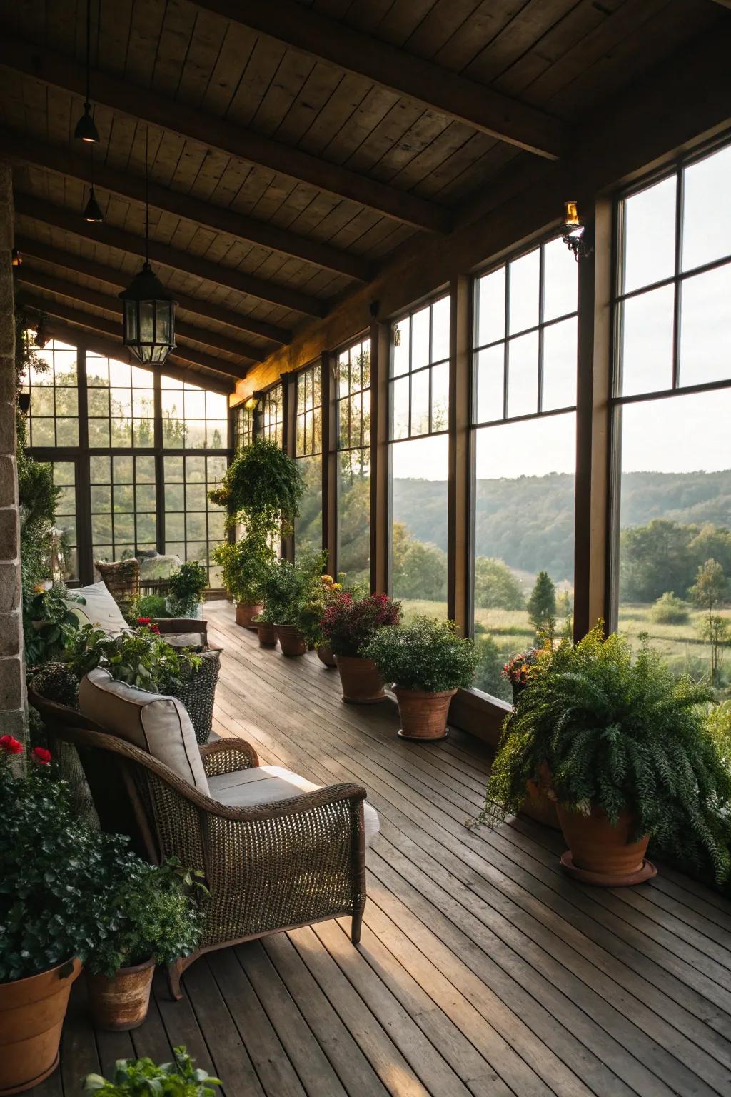 Large windows flood this indoor deck with natural light.