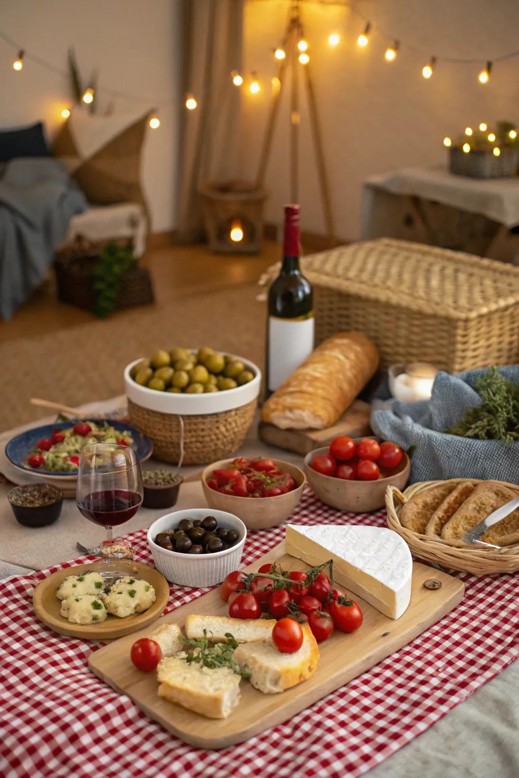 A Mediterranean-inspired picnic featuring diverse snacks and wine.