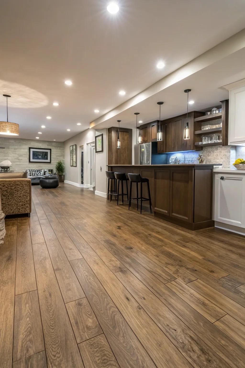 Simulated wood flooring offers both style and practicality.