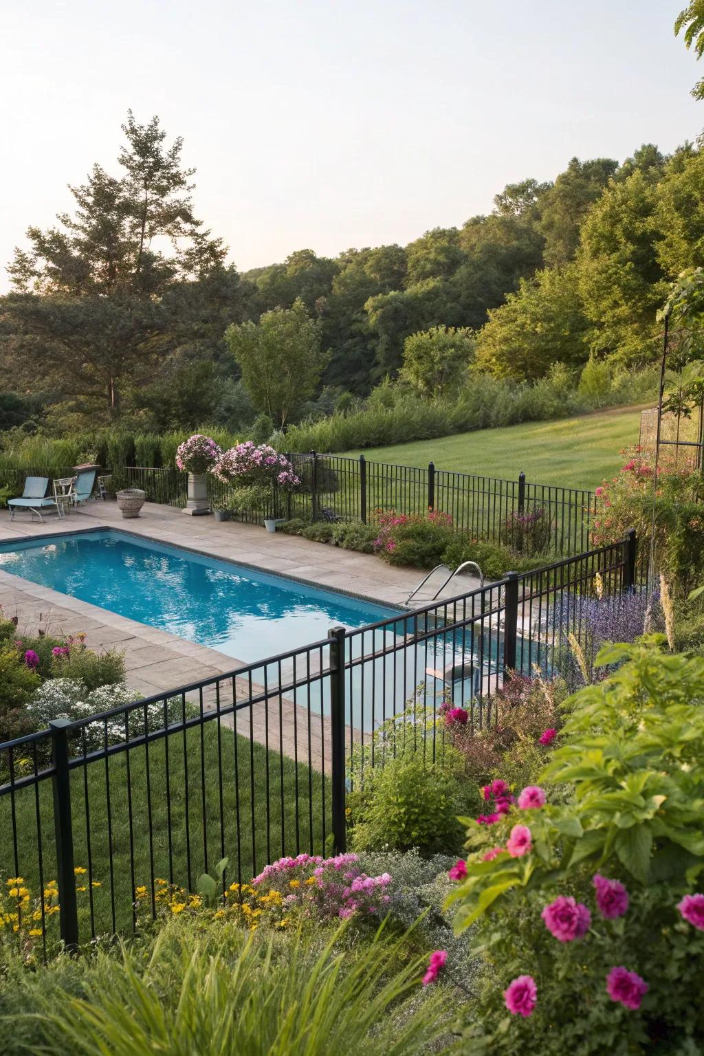 Surrounds integrated with verdure cultivate a serene and natural poolside atmosphere.