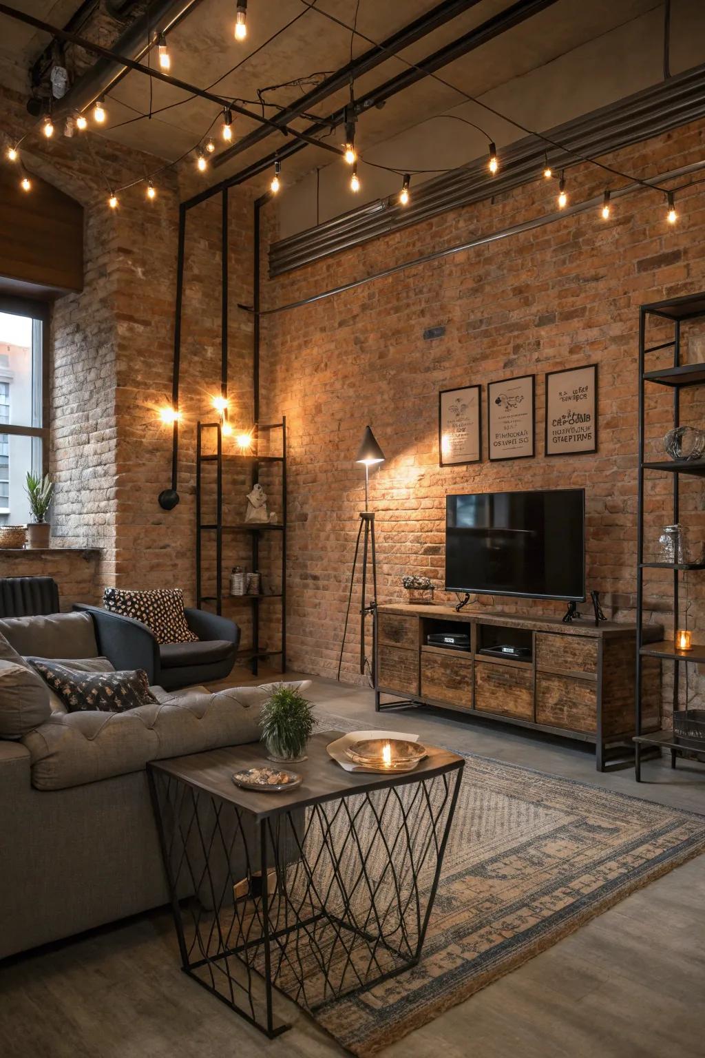 An industrial-style living room blending brick walls with modern decor for a chic, urban feel.