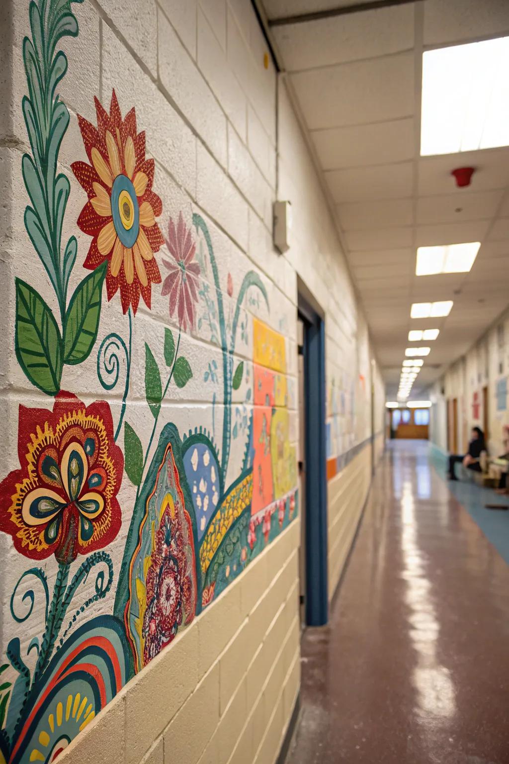 A stunning mural transforms a cinder block wall into a piece of art.