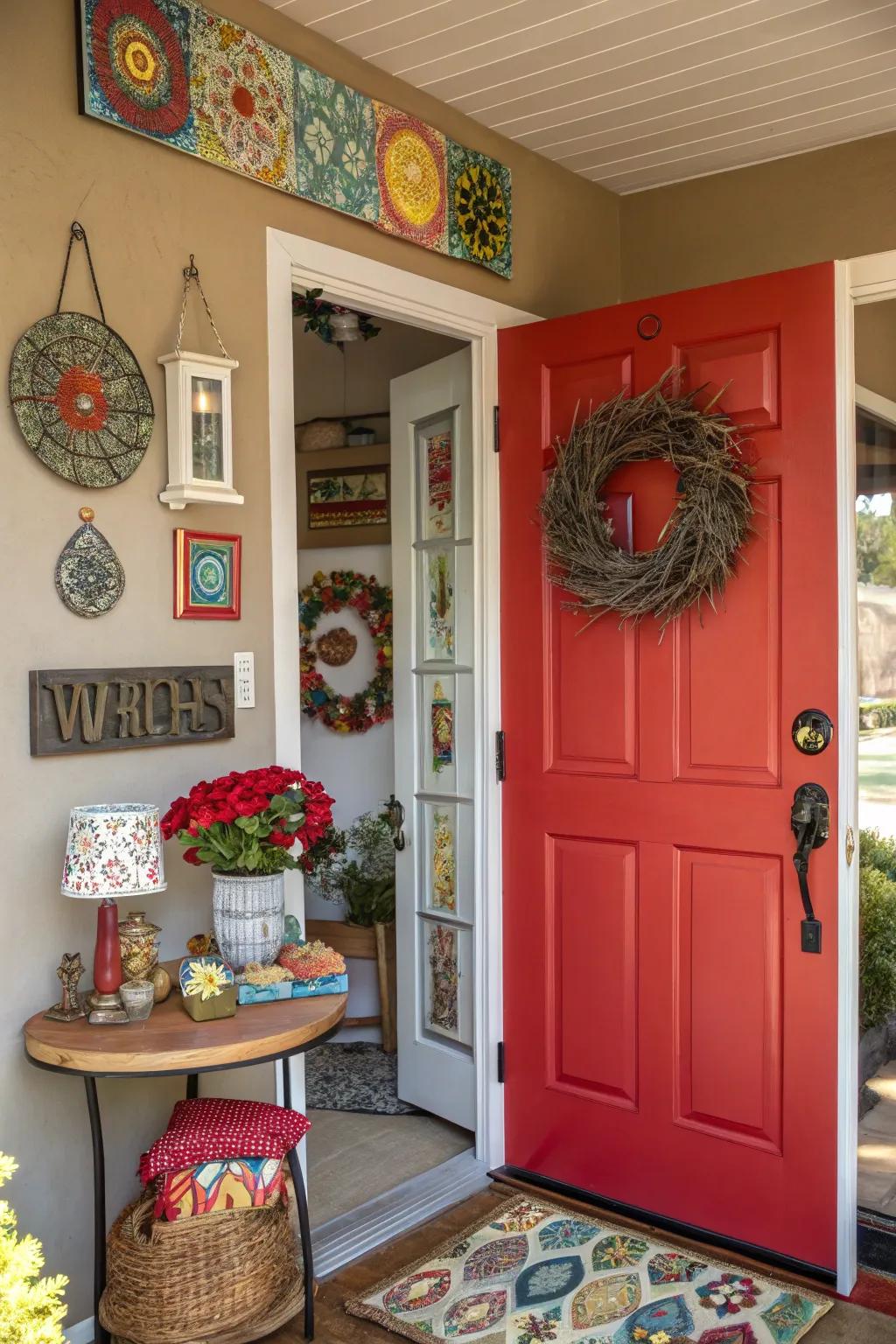 A bold crimson door adds a striking highlight to the entryway.