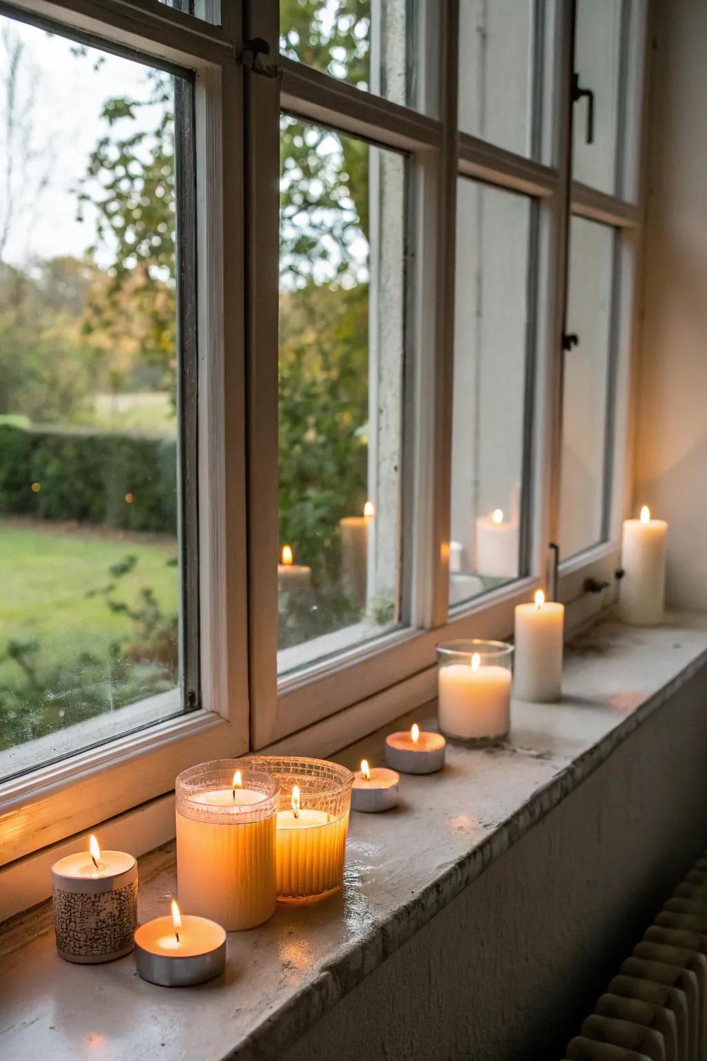Lights cast a comfortable, welcoming glow on a beautifully arranged window sill.