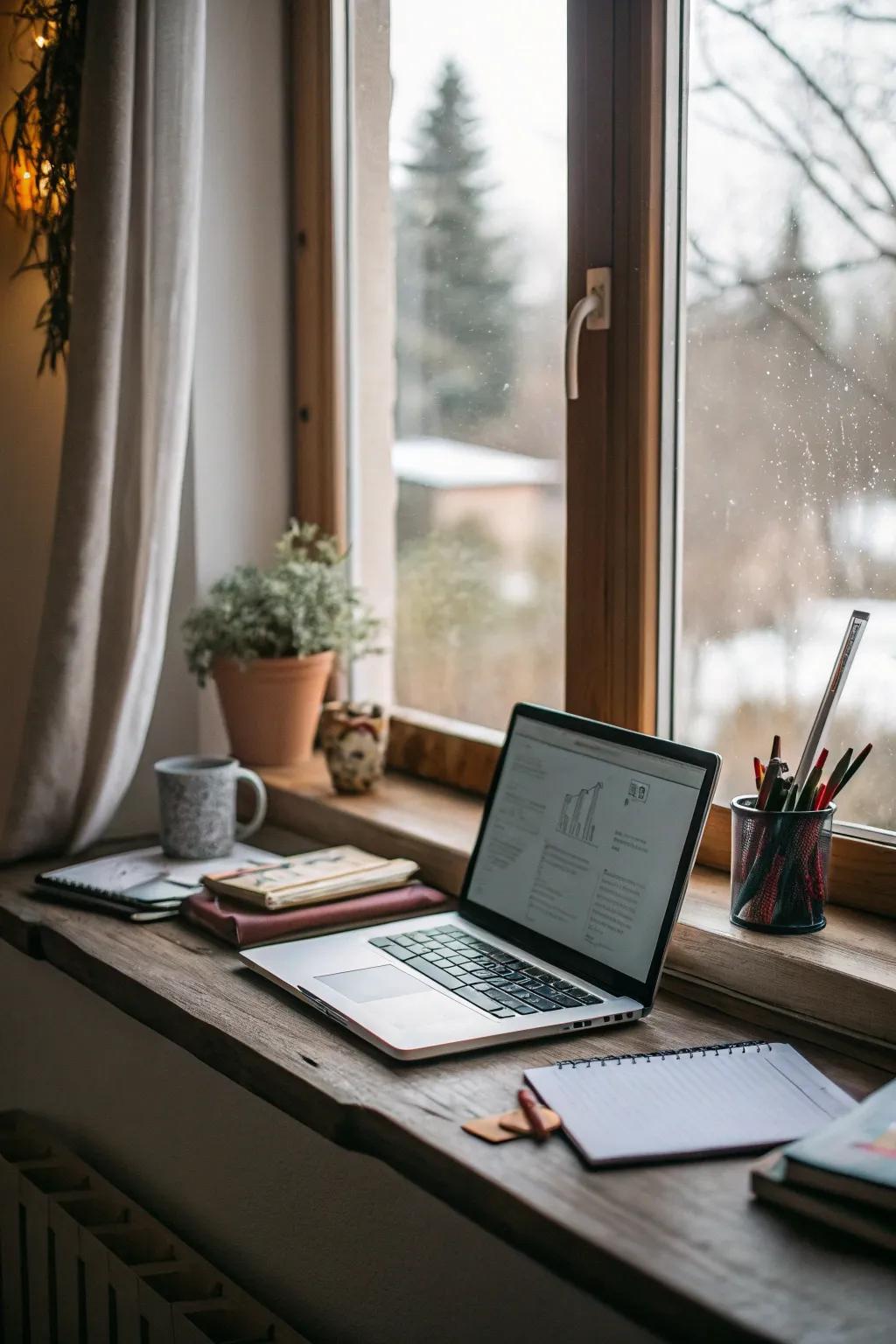 A window sill creatively converted into a functional desk space.