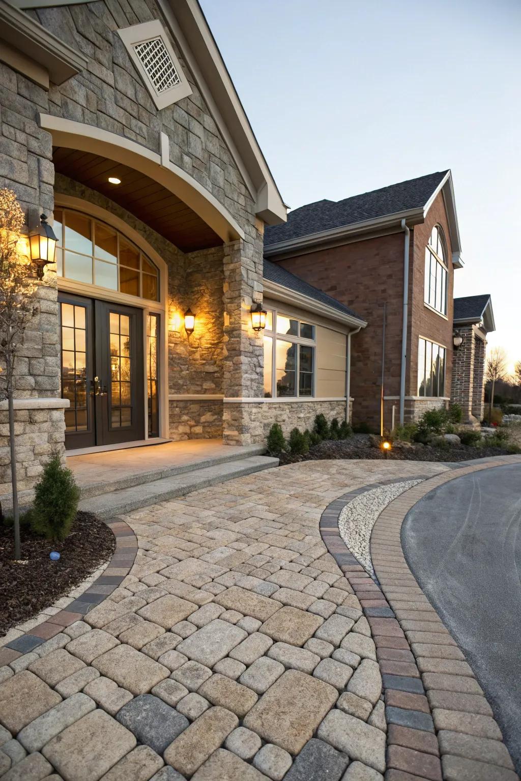 An intricate entryway featuring a combination of paving and stonework.