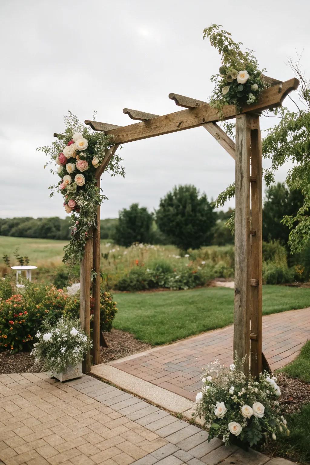 A rustic wooden arch adorned with flowers sets a charming scene.