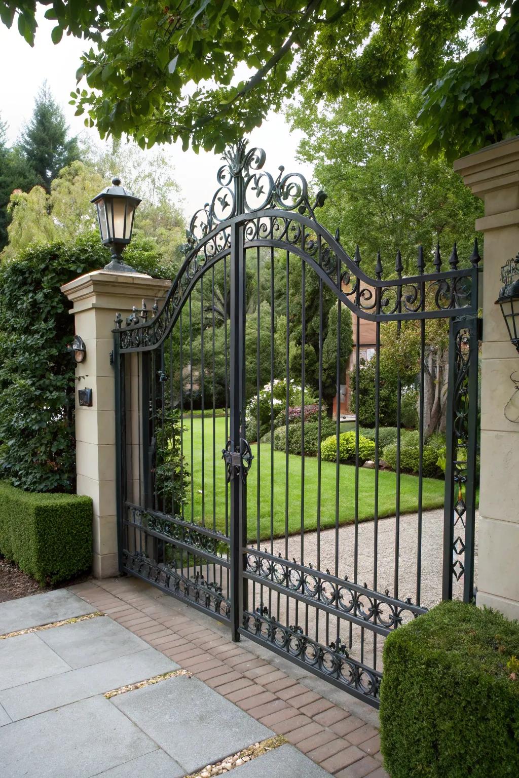 A classic swing iron gate opening to a welcoming home.