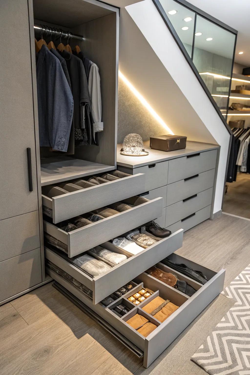 A modular drawer system grants structured storage within a small footprint.