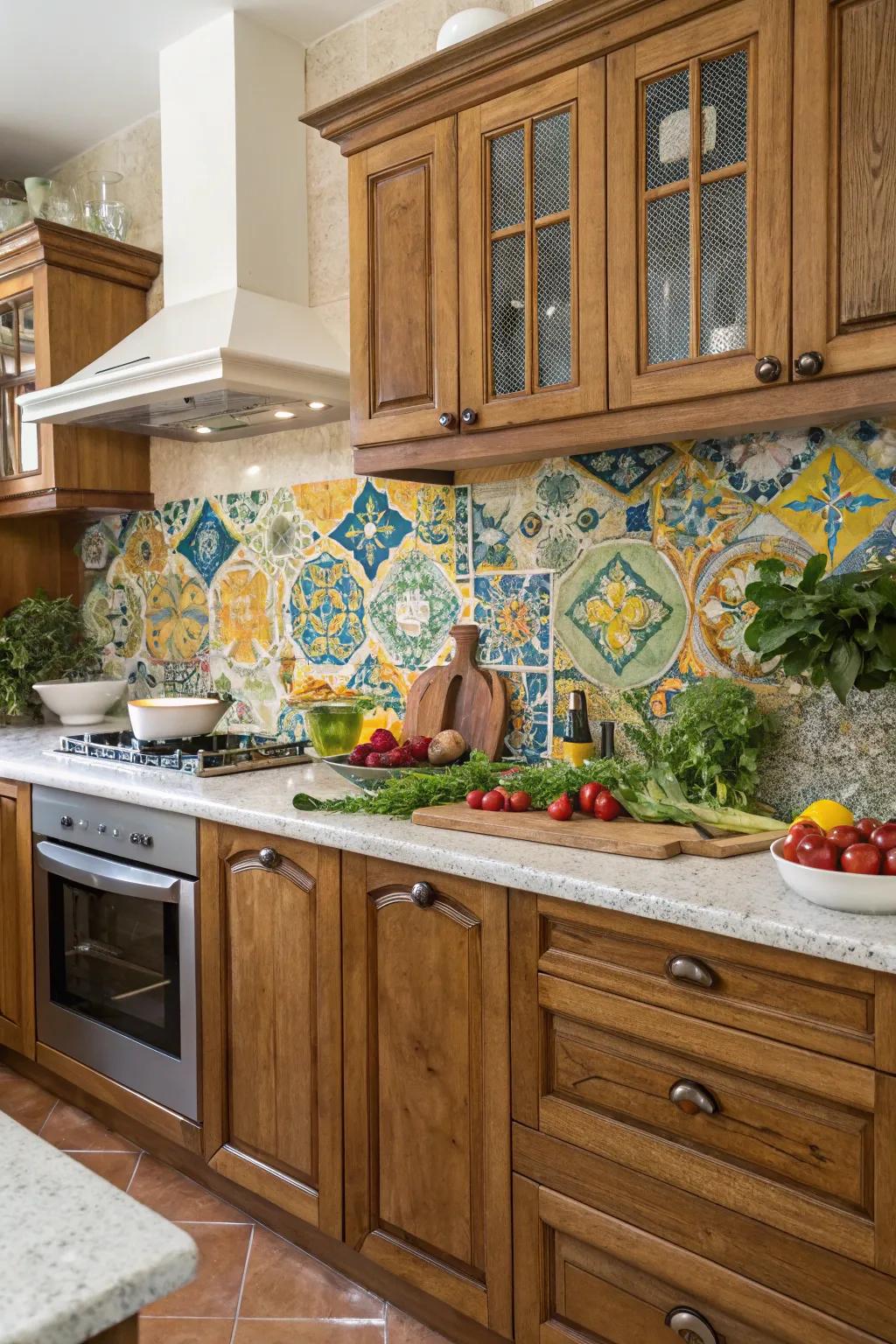 A lively tile splashback adds an artistic touch to this Italian kitchen.