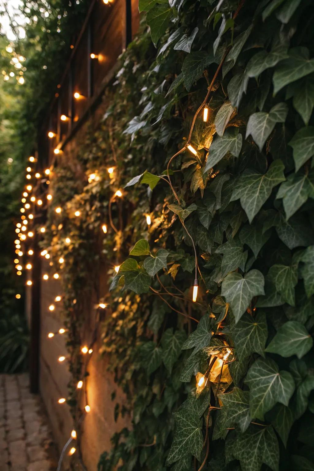 A magical combination of ivy and radiant lights creates a cozy and welcoming mood.
