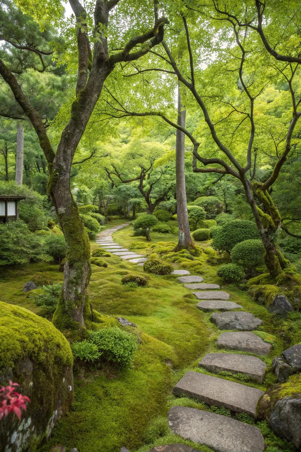 A vibrant Japanese garden filled with different trees and moss.