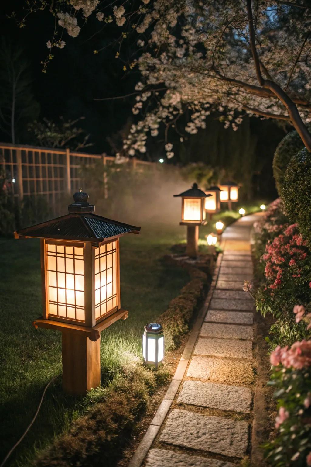 Oriental lamps cast a cozy, inviting glow.