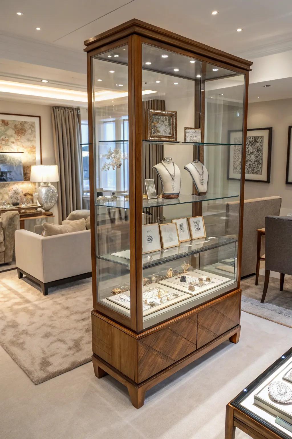 A glass and wood display case for fine jewelry