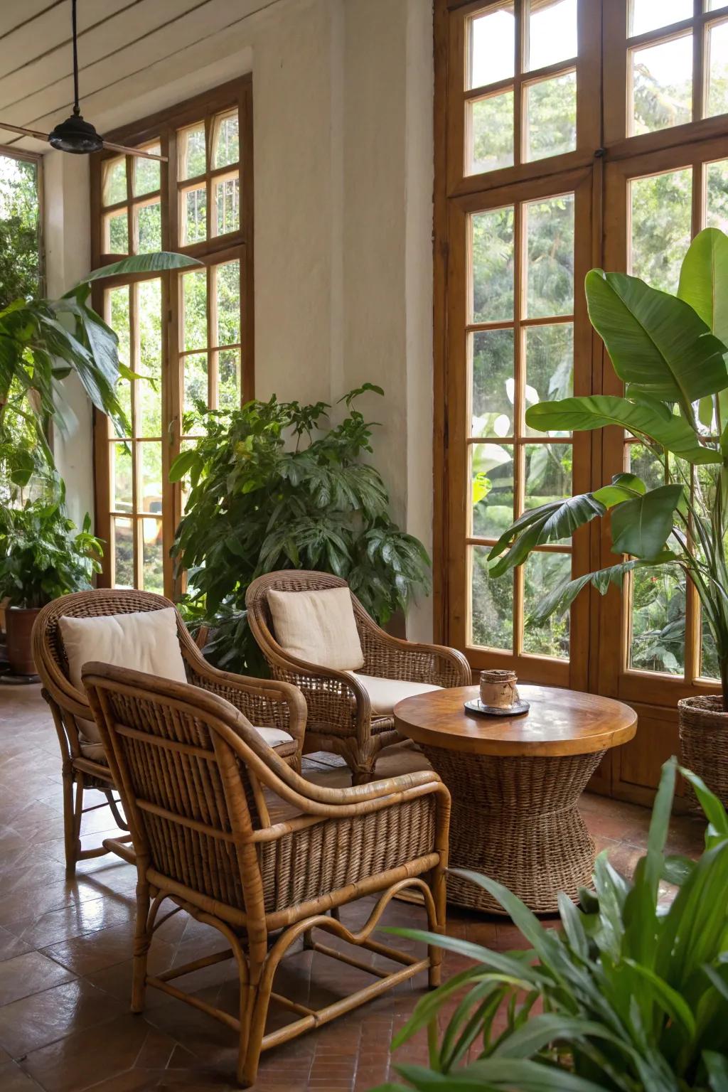 Natural components such as wood and rattan highlight the jungle theme.