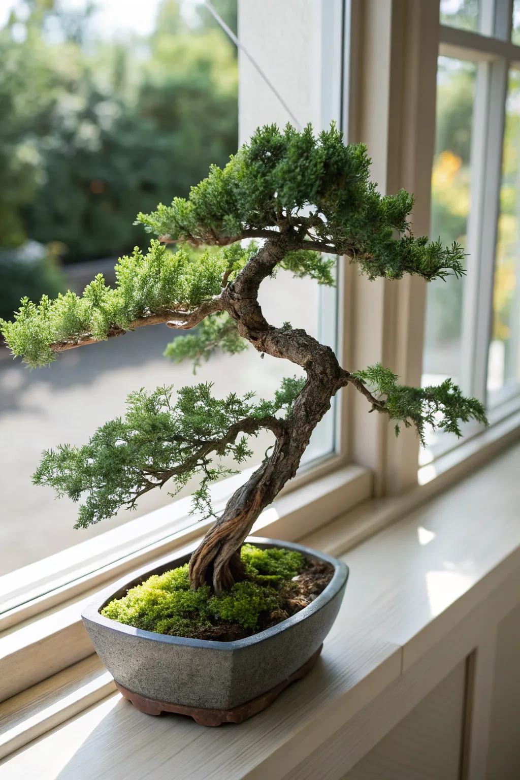 A cascading juniper bonsai gracefully draped over a container upon a sunlit sill.
