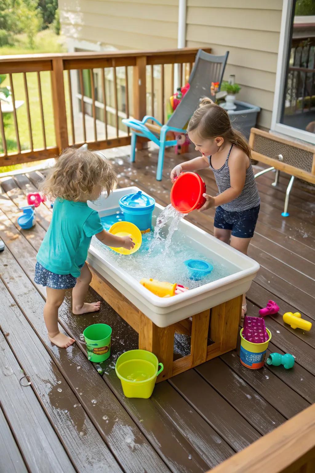 A deck featuring a water station where kids are joyfully splashing, surrounded by aqua toys.