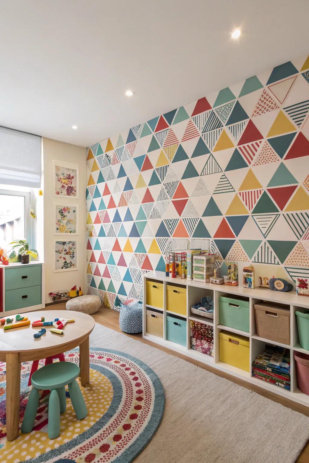 A playroom showcasing geometric patterned wallpaper, adding a dash of modern flair.