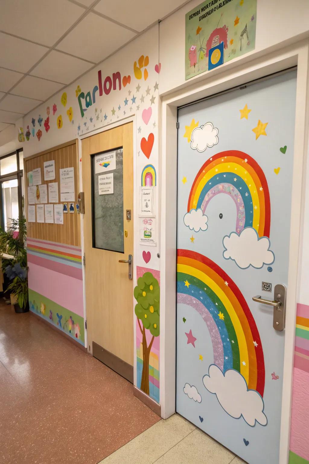 A kindergarten door featuring cirrus and rainbows for a fanciful motif.