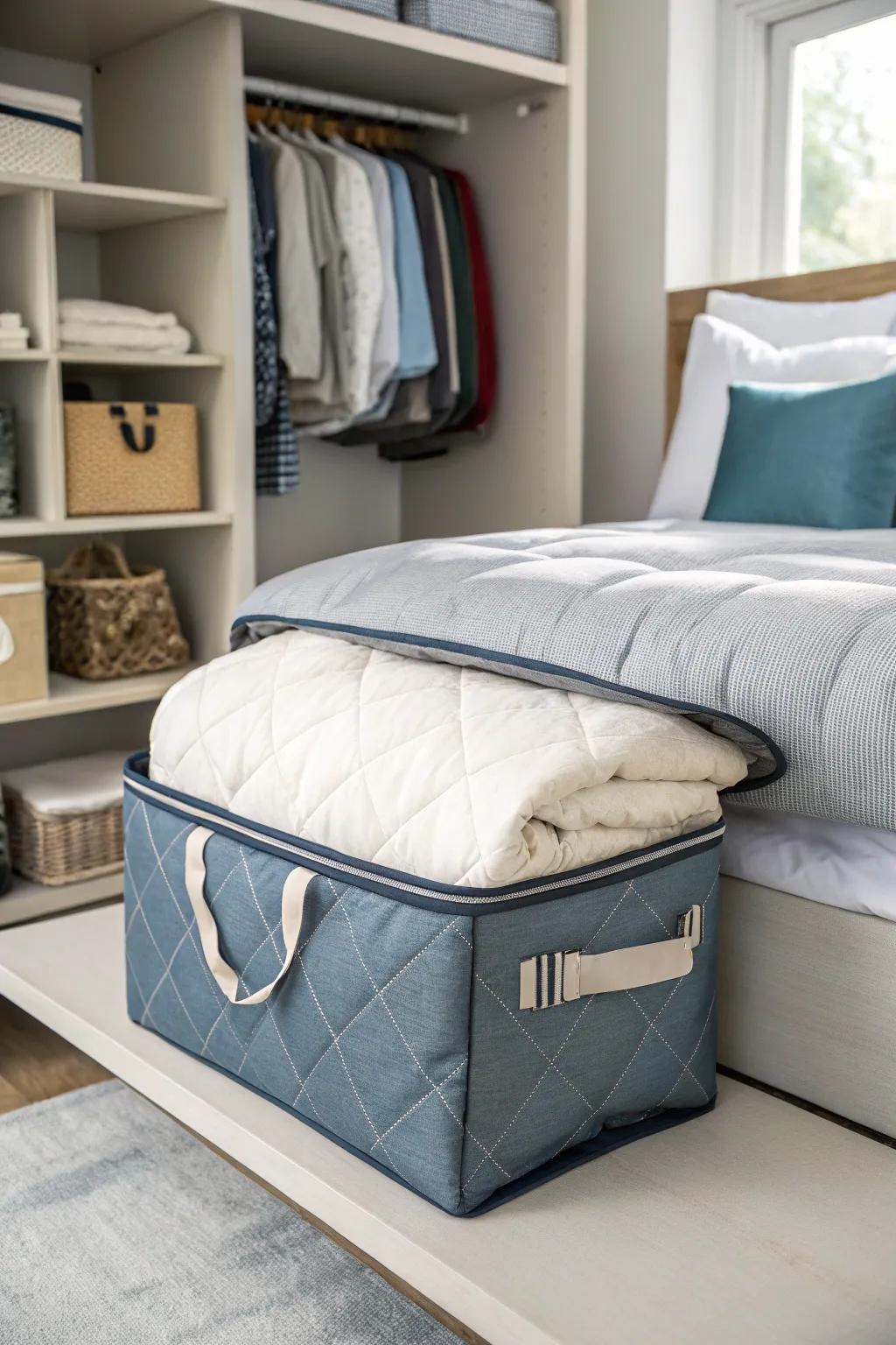 Fastener bindings safeguard comforters from grime and dampness.