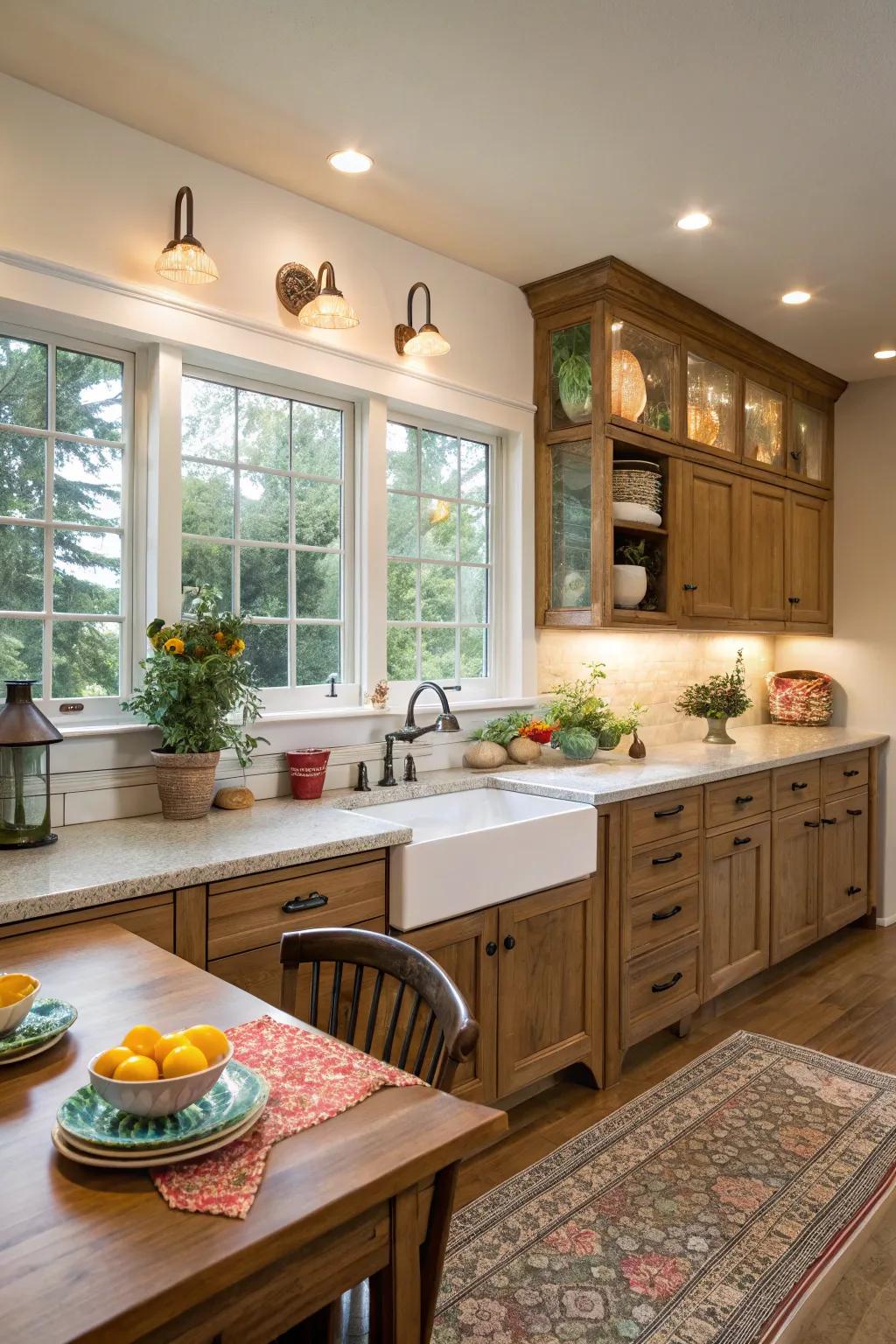 Under-cabinet windows brighten workspaces, improving both function and atmosphere.