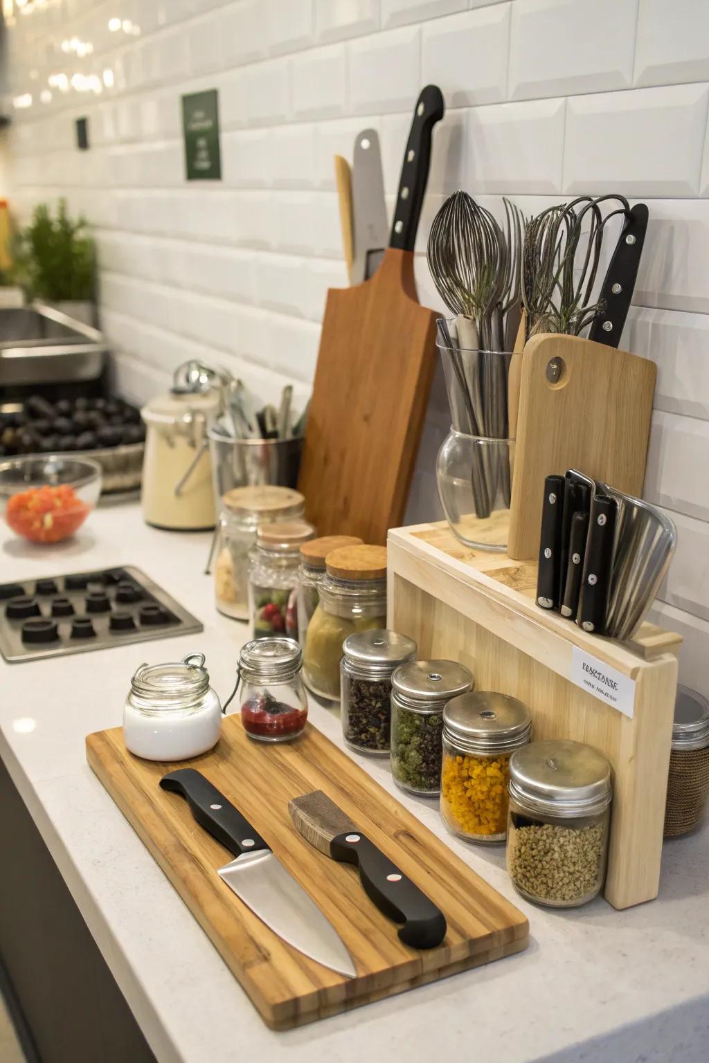 Combining boards with kitchen basics keeps everything accessible and attractive.
