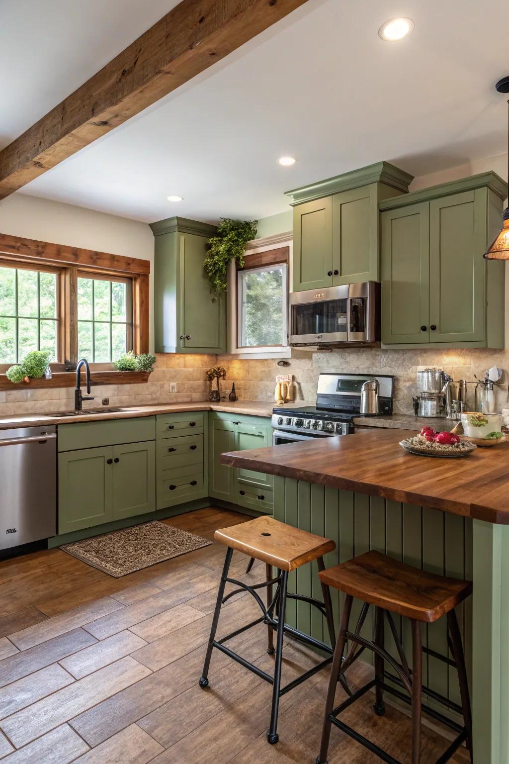 Green cabinets offer an earthy, calming kitchen ambiance.