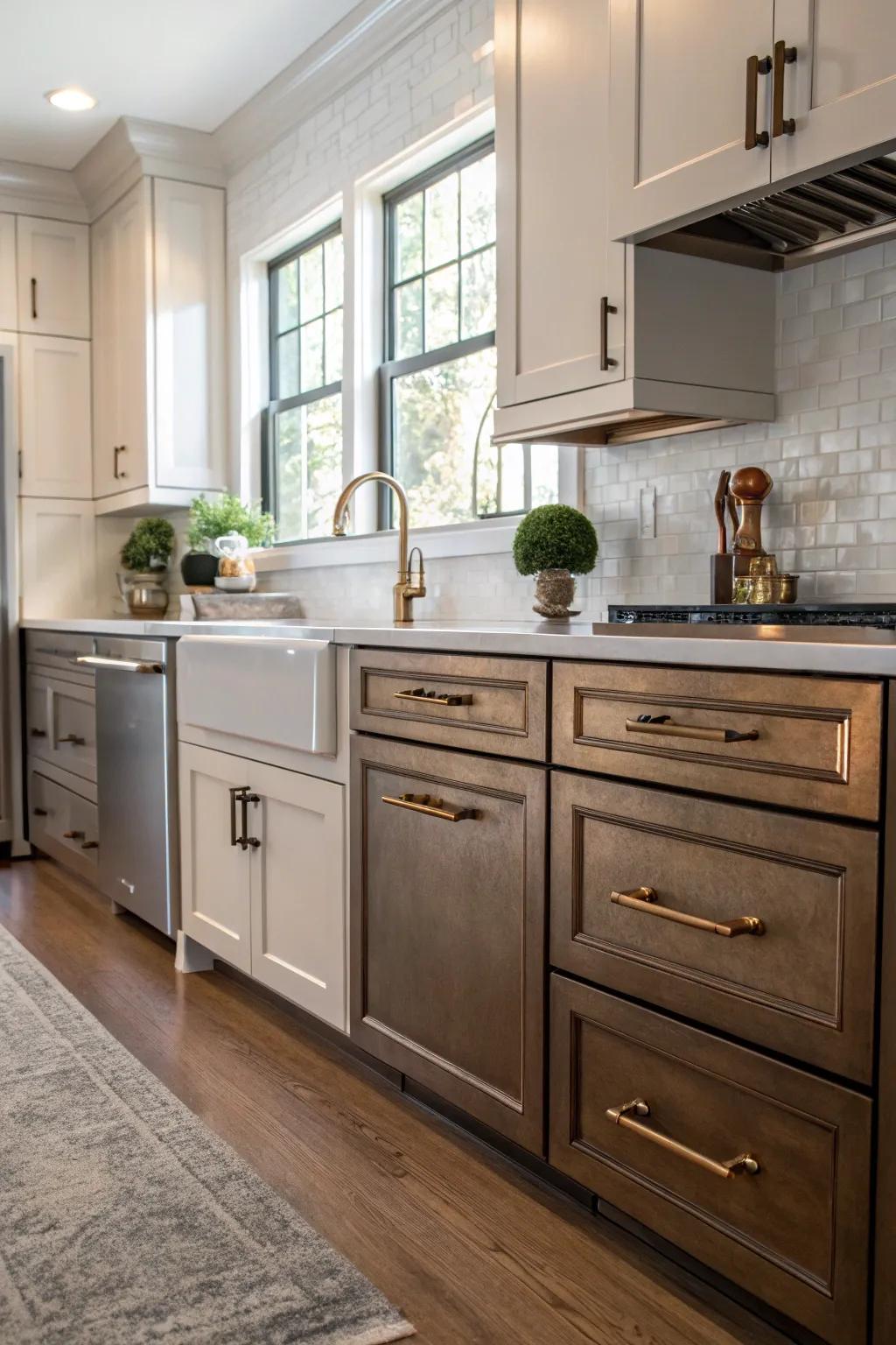 Mixed metals add depth and character to kitchen decor.