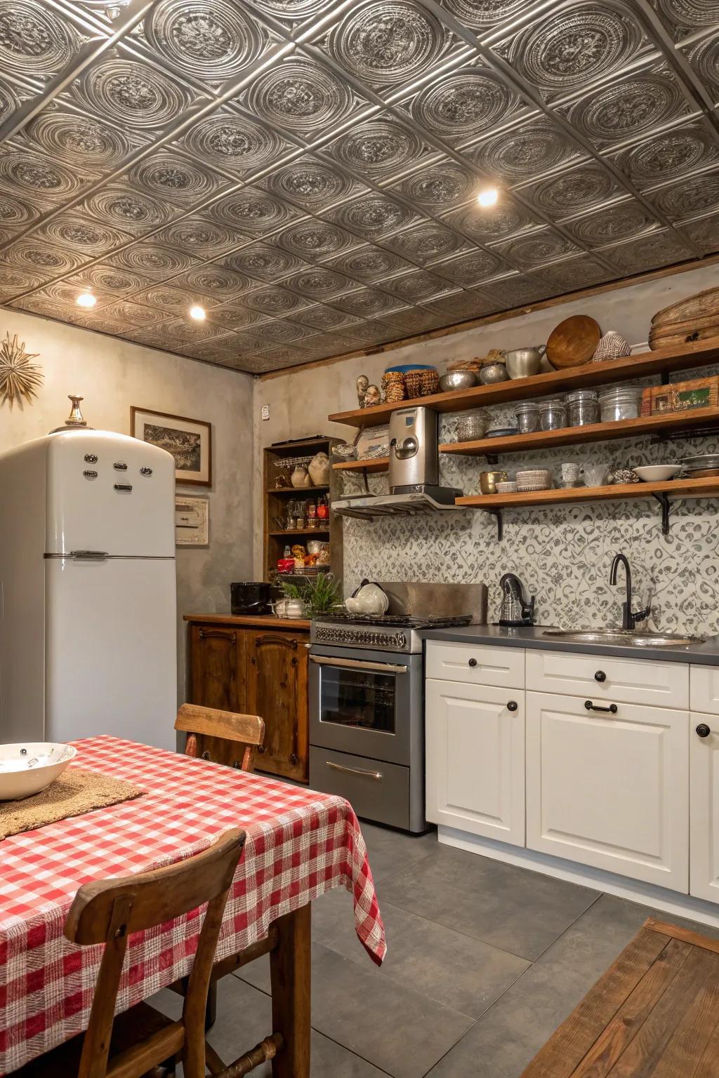 Produce a vintage aesthetic through pressed tin ceiling features in your cooking area.