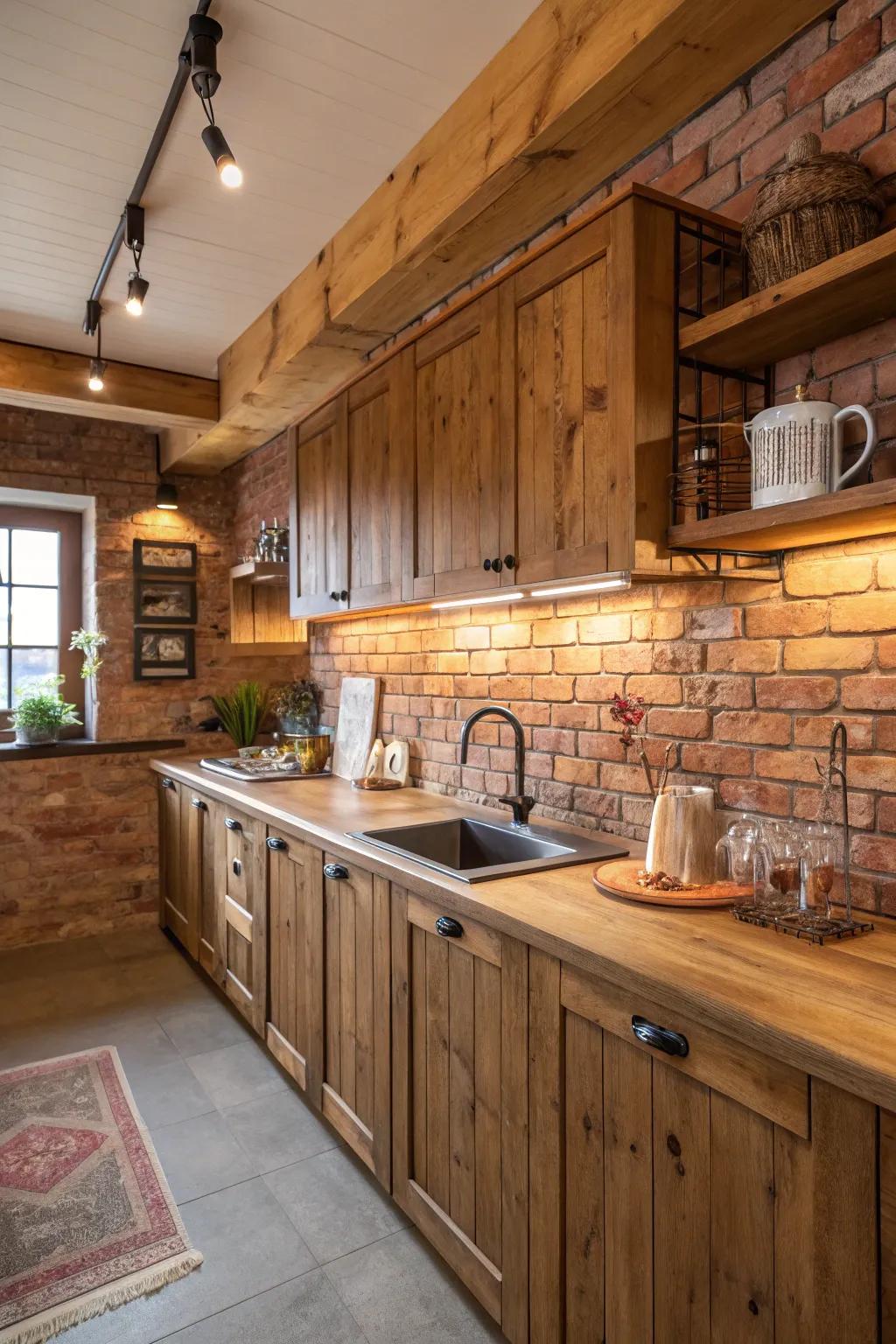 Inviting kitchen featuring wood surfaces and the rustic appeal of brick.