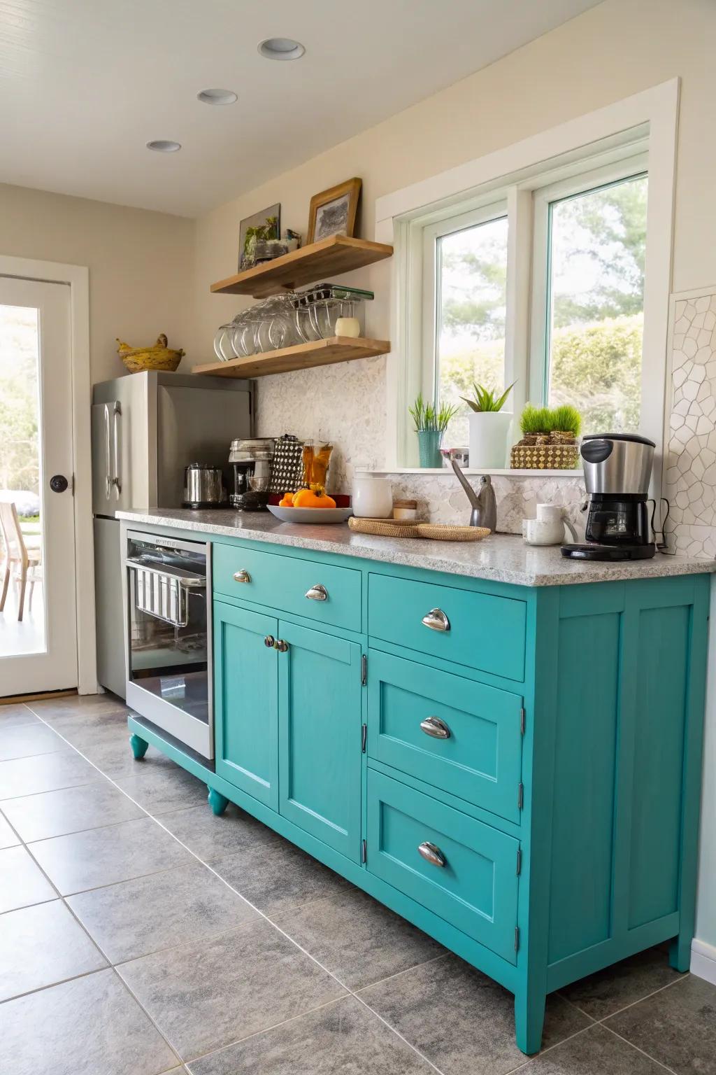 A bright teal credenza brings vibrant color to this kitchen.