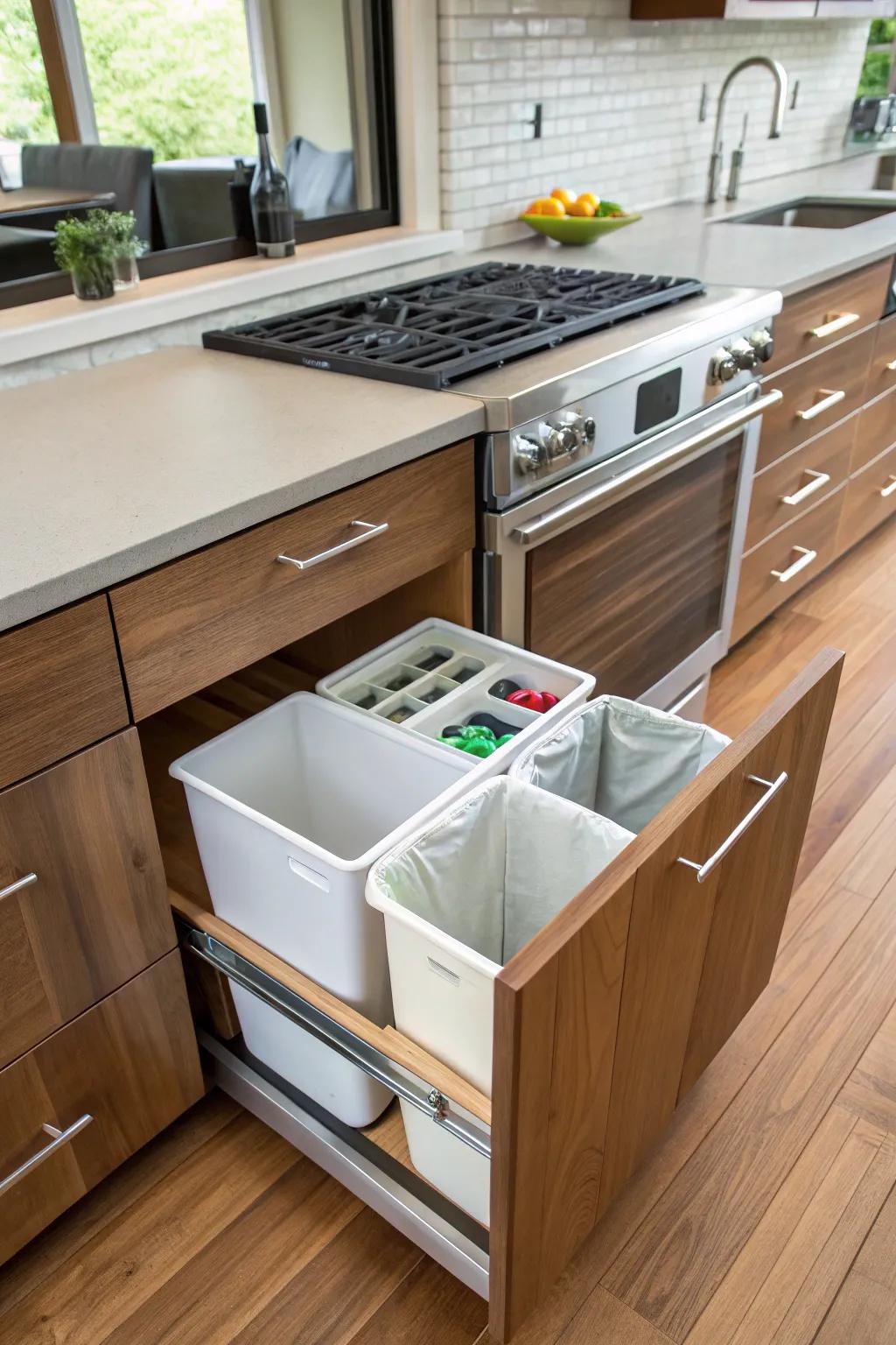 Keep your kitchen neat with covered waste and recycle bins inside a drawer.