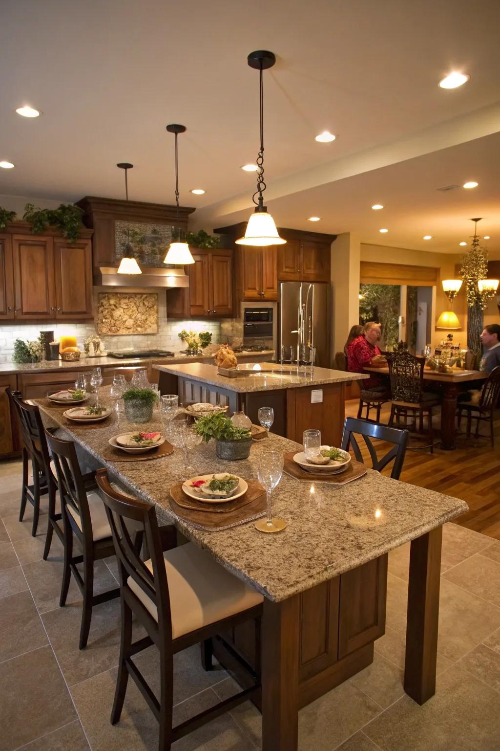 A kitchen island that serves as a communal hub for social interactions.