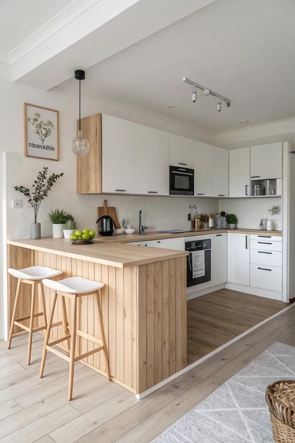 A Scandinavian-inspired peninsula creates a peaceful kitchen environment.