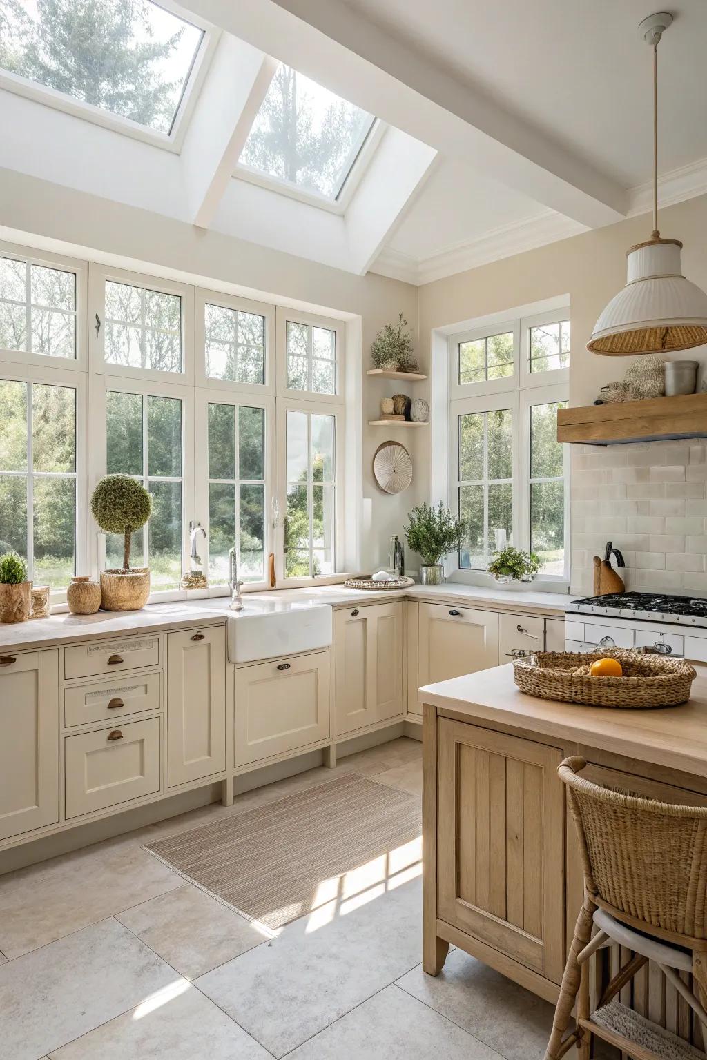 A bright kitchen with a muted color scheme for a fresh ambiance.